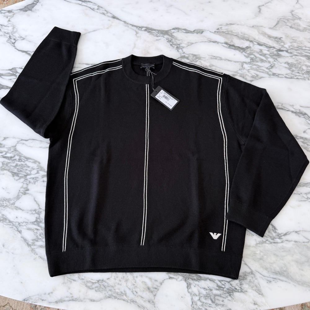 Emporio Armani Mens Black Pinstripe Crewneck Sweater EMOO5970 Size LG NWT